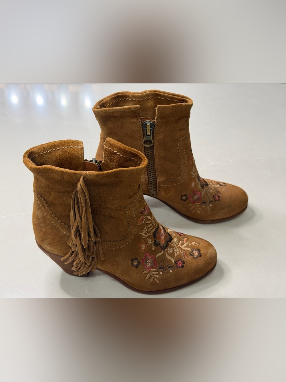 Sam Edelman Letti Suede Embroidered Fringe Ankle Boots 7.5